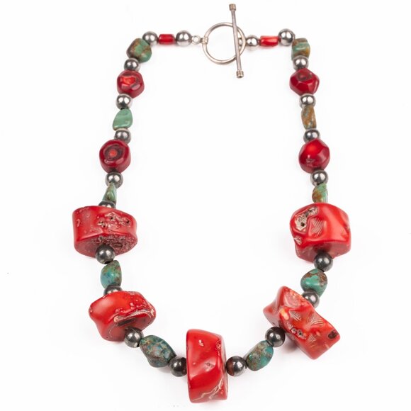 Turquoise and Chunky Red Coral  & Silver Bead Statement Vintage Necklace - Picture 1 of 8